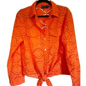 Bella Amore Made in Italy Orange Eyelet Tie Front‎ Long Sleeve Crop Top L/XL